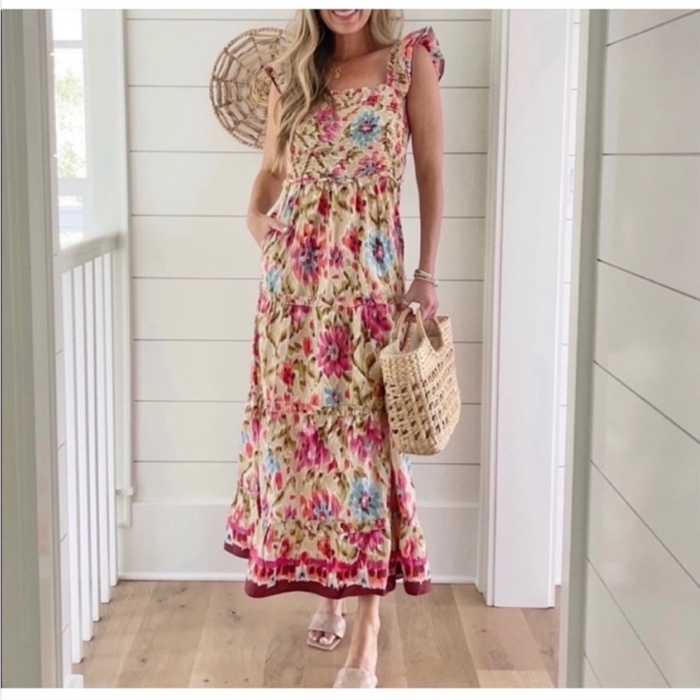 House Of Harlow 1960 Zoey Khaki Floral Print Smocked Maxi Dress Size XS